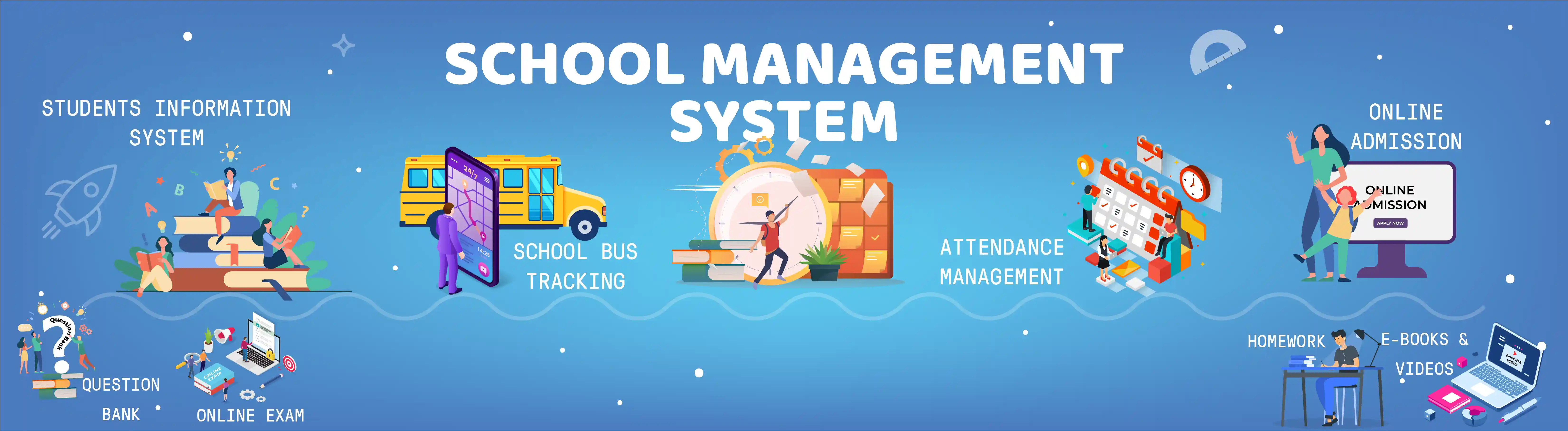 School Management System slider image of paatham, in which vector image of books, school bus, calender, desktop, mother with kid, student, study table, laptop,